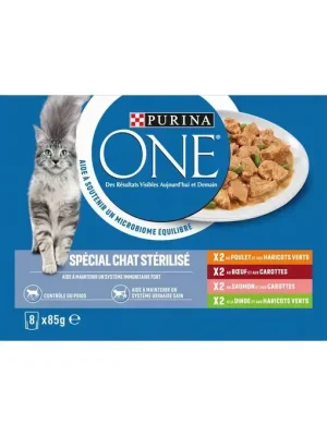 PURINA ONE Chat Stérilisé - Effilés en Sauce Bœuf-Poulet-Saumon-Dinde